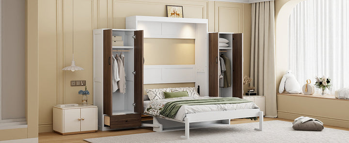 Full Size Murphy Bed Wall Bed with Closet ,Drawers and Table,White