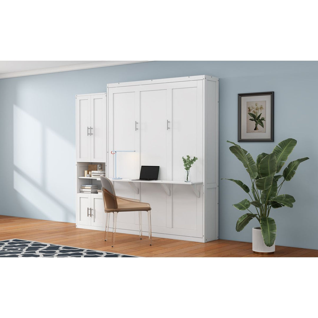 Full Size Murphy Bed with 1 Side Cabinet Storage Shelf, 61.5-inch Cabinet Bed Folding Wall Bed with Desk Combo Perfect for Guest Room,Study, Office,White(old sku:BS7012008109C)