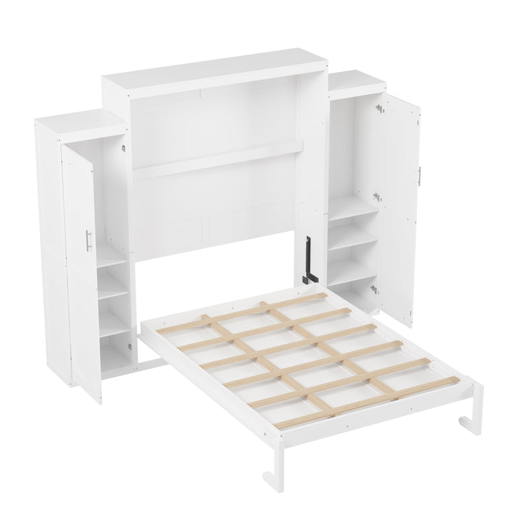 Queen Size Murphy Bed with 2 Wardrobe and Storage Shelf, Multifunctional Foldable Platform Bedframe for Guest-Room, Bedroom, White