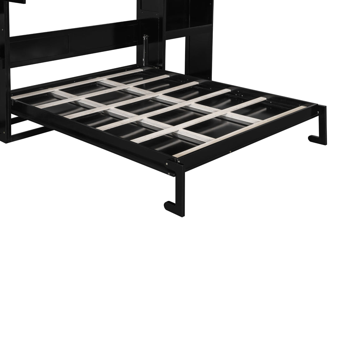 Queen Size Murphy Bed with Desk, Vanity and Cabinets, Espresso