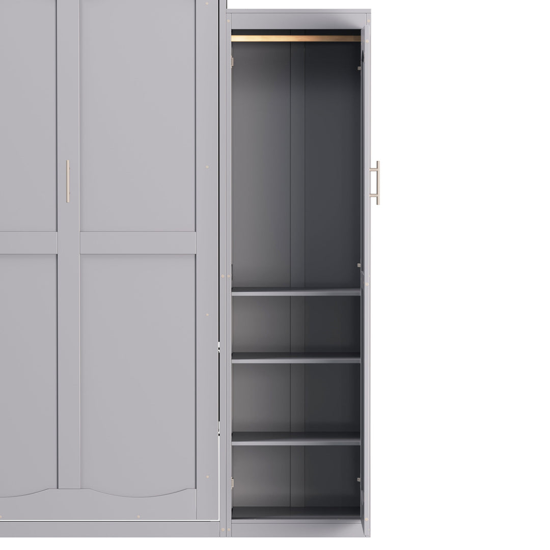 Full Size Murphy Bed, Wooden Full Wall Bed with 2 Wardrobe and Storage Shelf, Multifunctional Foldable Platform Bedframe for Guest-Room, Bedroom, Gray