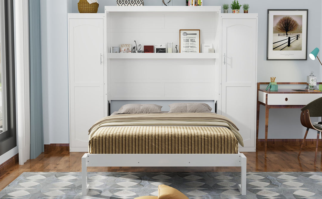 Queen Size Murphy Bed with 2 Wardrobe and Storage Shelf, Multifunctional Foldable Platform Bedframe for Guest-Room, Bedroom, White