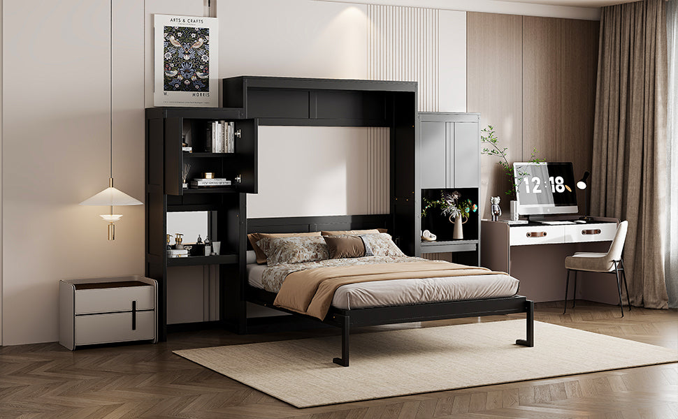 Queen Size Murphy Bed with Desk, Vanity and Cabinets, Espresso