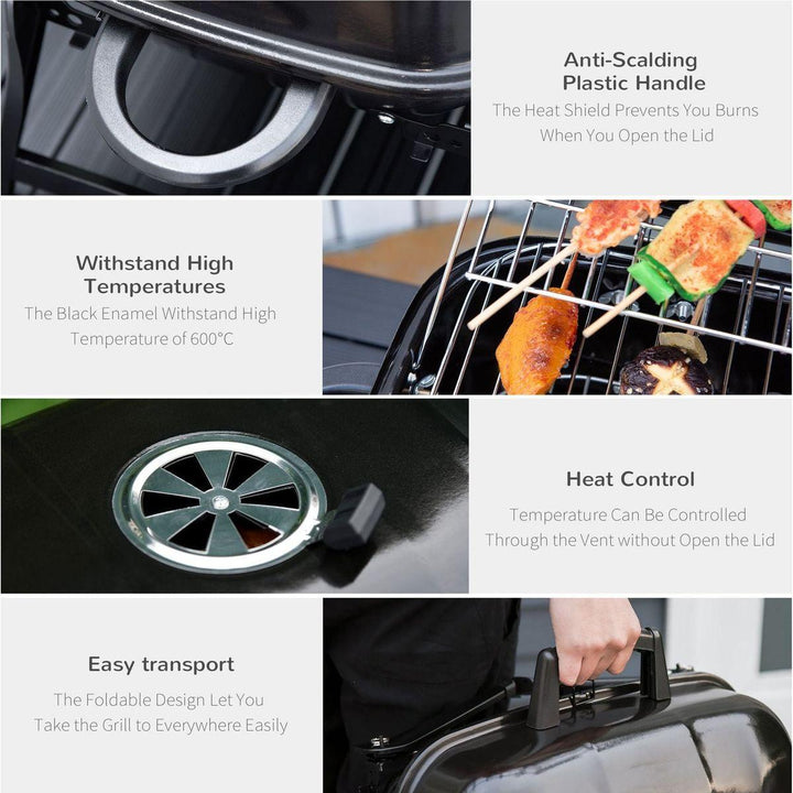 14" Portable Charcoal Grill, Tabletop Small BBQ Grill for Outdoor Cooking, Camping, Tailgating, Enamel Coated, Vent, Folding Legs, Black