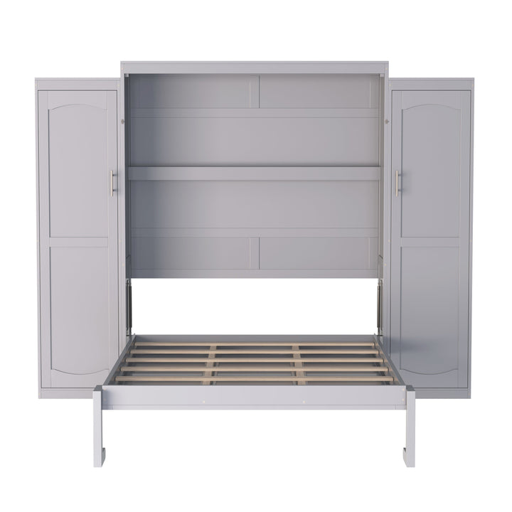 Full Size Murphy Bed, Wooden Full Wall Bed with 2 Wardrobe and Storage Shelf, Multifunctional Foldable Platform Bedframe for Guest-Room, Bedroom, Gray