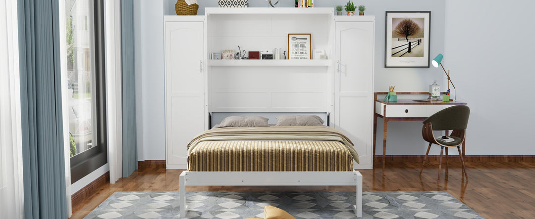 Queen Size Murphy Bed with 2 Wardrobe and Storage Shelf, Multifunctional Foldable Platform Bedframe for Guest-Room, Bedroom, White