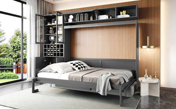 Queen Size Murphy Bed Wall Bed with Sofa , Shelves USB & Light ,Gray