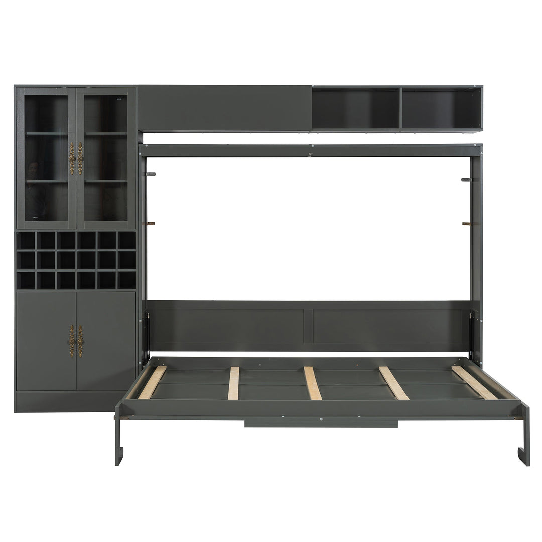 Queen Size Murphy Bed Wall Bed with Sofa , Shelves USB & Light ,Gray