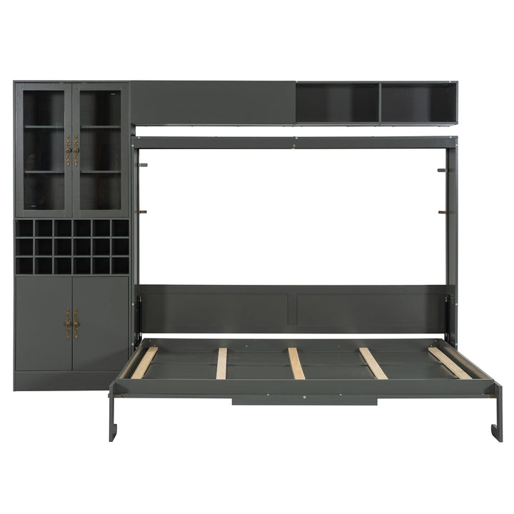 Queen Size Murphy Bed Wall Bed with Sofa , Shelves USB & Light ,Gray