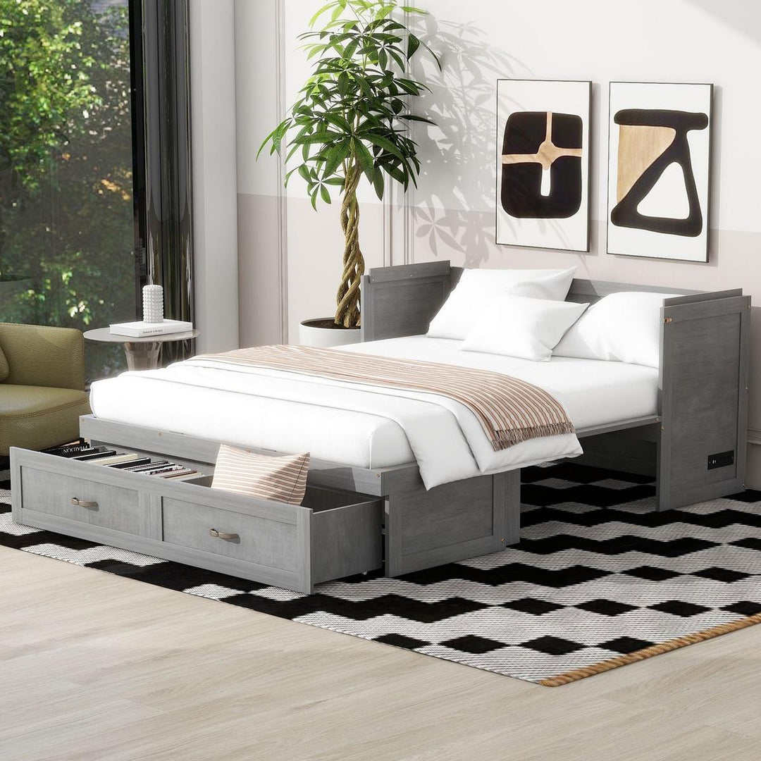Queen Size Murphy Bed with USB Ports, Large Drawers and Metal Handles, Antique Grey