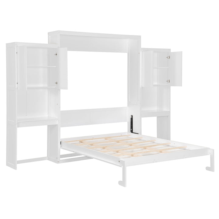 Queen Size Murphy Bed with Desk, Vanity and Cabinets, White