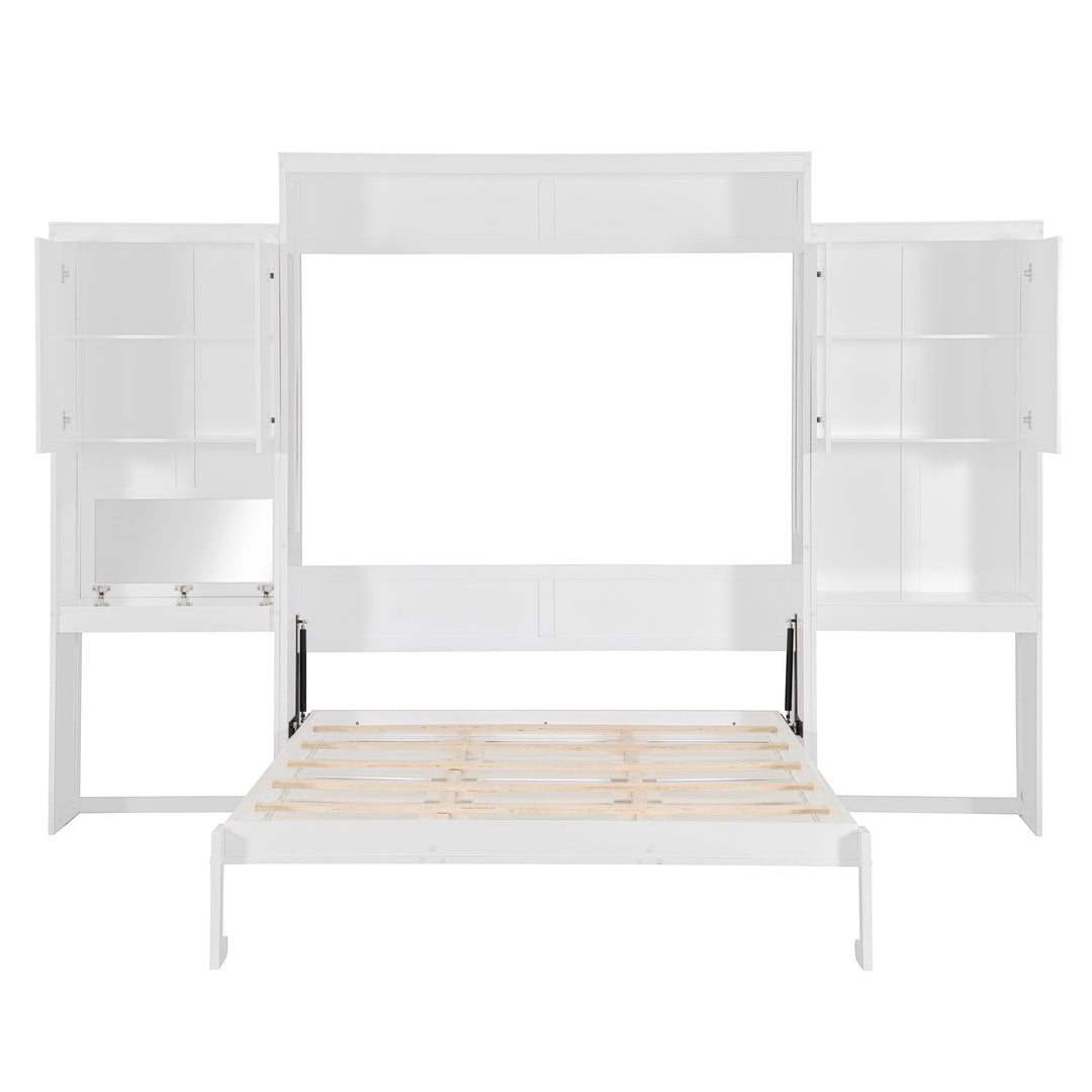 Queen Size Murphy Bed with Desk, Vanity and Cabinets, White