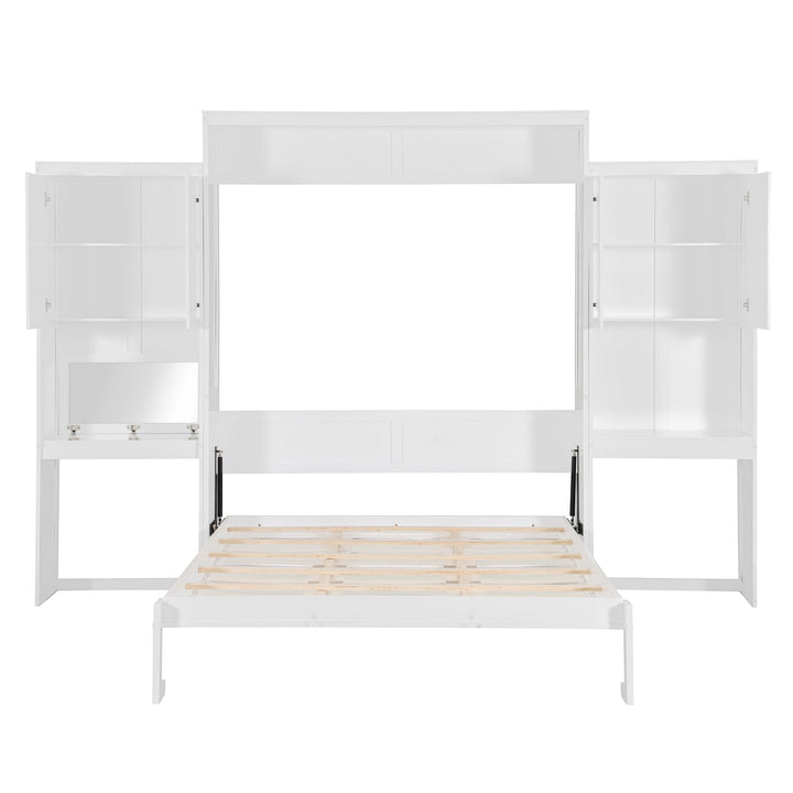 Queen Size Murphy Bed with Desk, Vanity and Cabinets, White