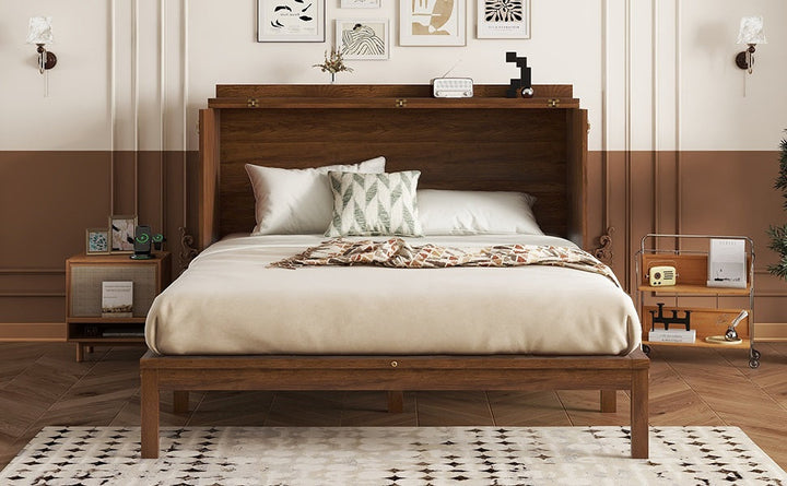 Queen Size Murphy Bed, Pine Wood Cabinet Bed with Power Station and Rattan Decoration Panel,Walnut