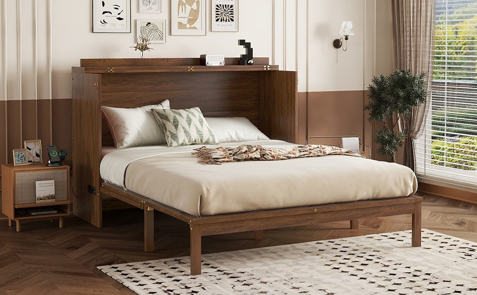 Queen Size Murphy Bed, Pine Wood Cabinet Bed with Power Station and Rattan Decoration Panel,Walnut