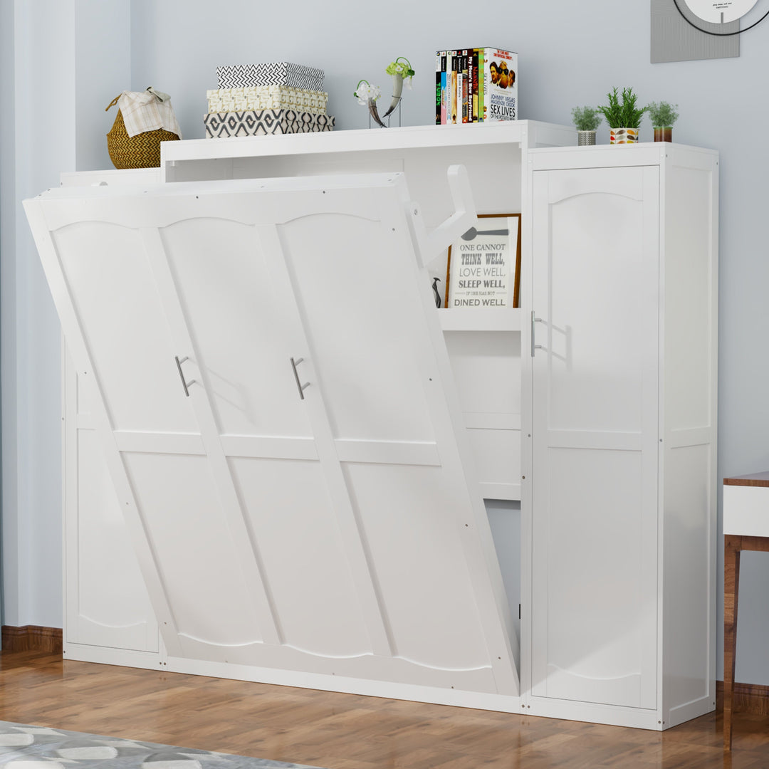 Queen Size Murphy Bed with 2 Wardrobe and Storage Shelf, Multifunctional Foldable Platform Bedframe for Guest-Room, Bedroom, White