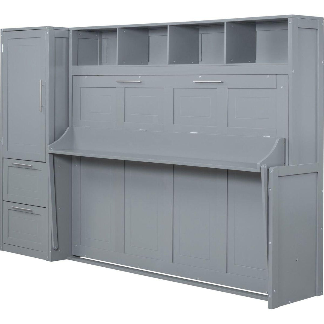 Full Size Murphy Bed Wall Bed with Closet and Drawers,Gray