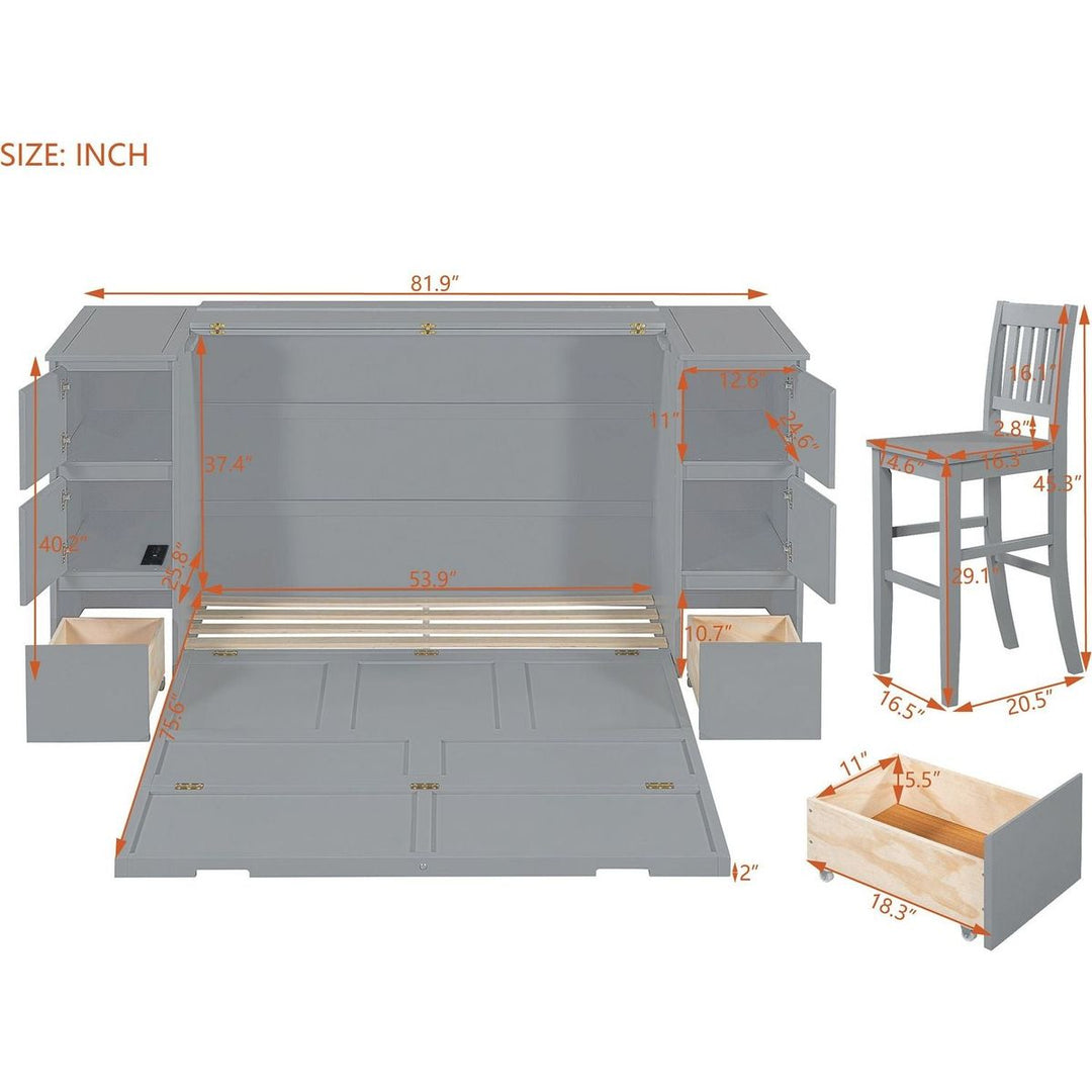 Full Size Murphy Bed with Drawers, Cabinets and USB Ports,Gray