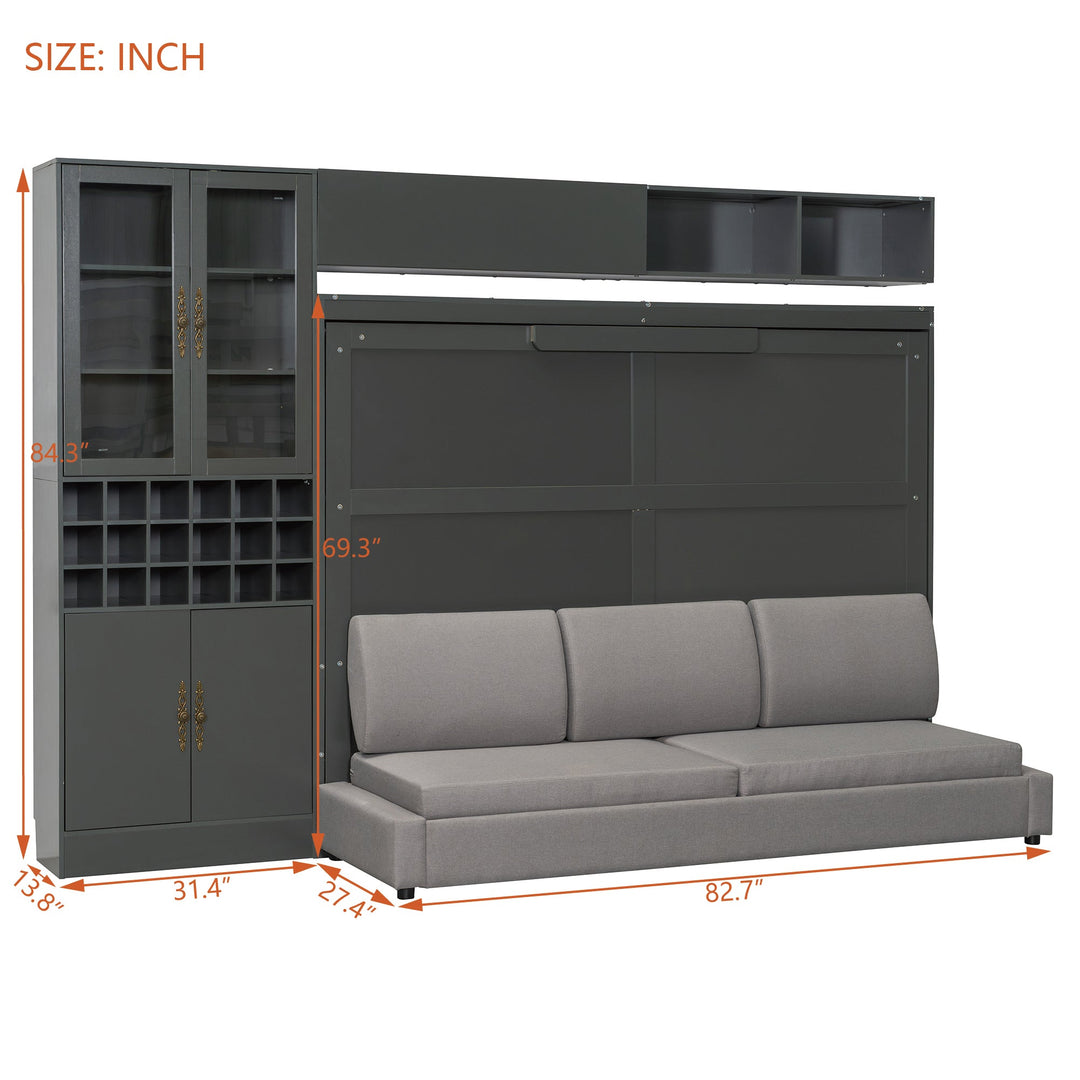 Queen Size Murphy Bed Wall Bed with Sofa , Shelves USB & Light ,Gray