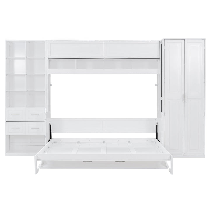 Queen Size Murphy Bed Wall Bed with Closet , Drawers and Shelves, White
