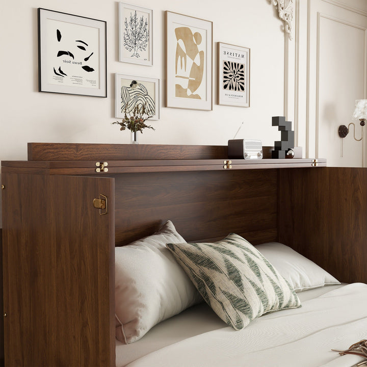 Queen Size Murphy Bed, Pine Wood Cabinet Bed with Power Station and Rattan Decoration Panel,Walnut