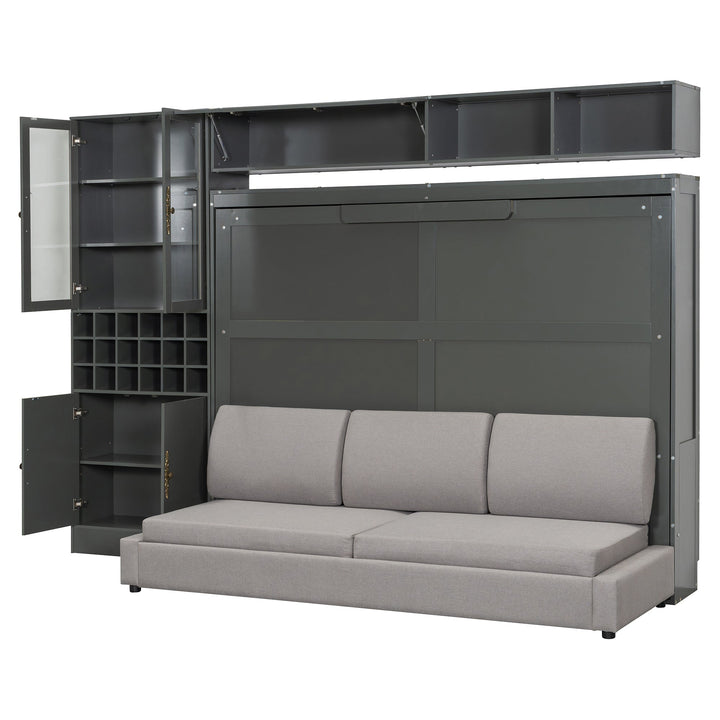 Queen Size Murphy Bed Wall Bed with Sofa , Shelves USB & Light ,Gray