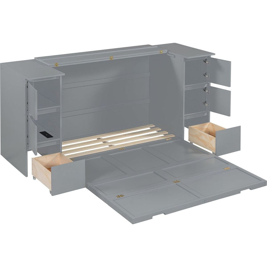 Full Size Murphy Bed with Drawers, Cabinets and USB Ports,Gray