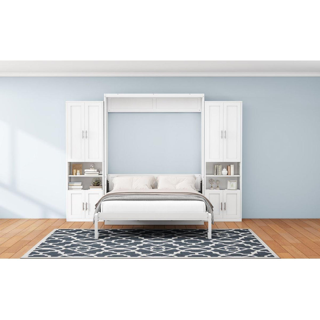 Queen Size Murphy Bed with 2 Side Cabinet Storage Shelves, 68-inch Cabinet Bed Folding Wall Bed with Desk Combo Perfect for Guest Room, Study, Office,White(old sku:BS7013008104C)