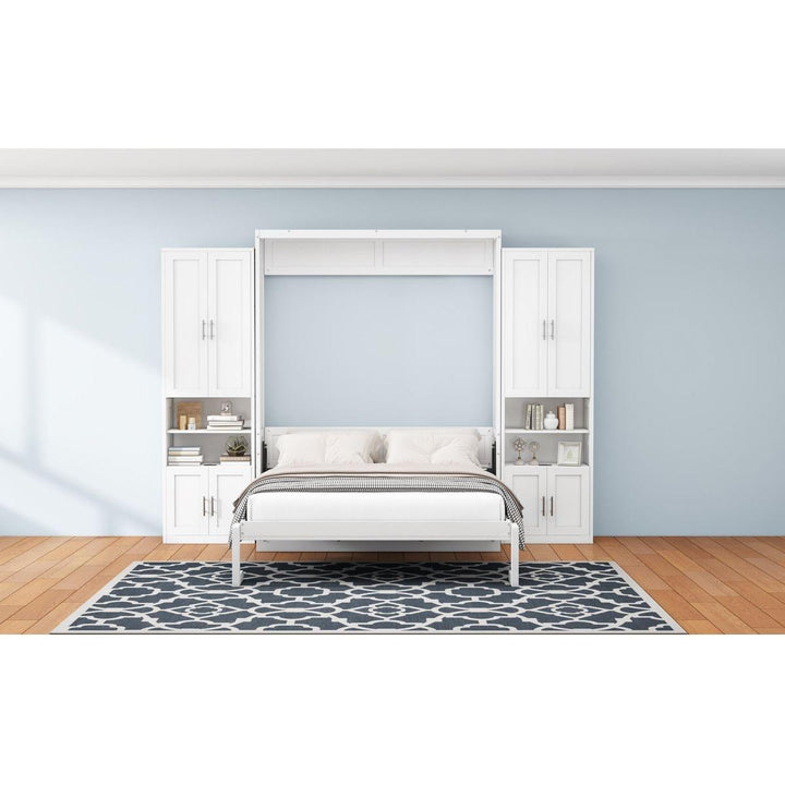 Queen Size Murphy Bed with 2 Side Cabinet Storage Shelves, 68-inch Cabinet Bed Folding Wall Bed with Desk Combo Perfect for Guest Room, Study, Office,White(old sku:BS7013008104C)