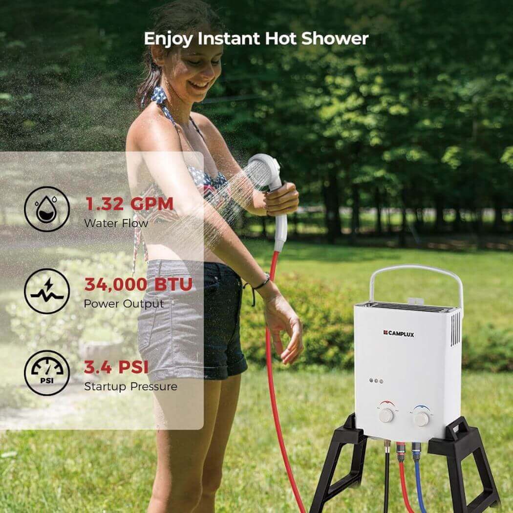 CAMPLUX AY132Max-DE Gasdoorstroomboiler, 5 liter, met steun en waterpomp, LPG, 50 mbar, voor campingdouche/camperuitstapjes, met draagtas CAMPLUX AY132Max-DE Gasdoorstroomboiler, 5 liter, met steun en waterpomp, LPG, 50 mbar, voor campingdouche/camperuitstapjes, met draagtas