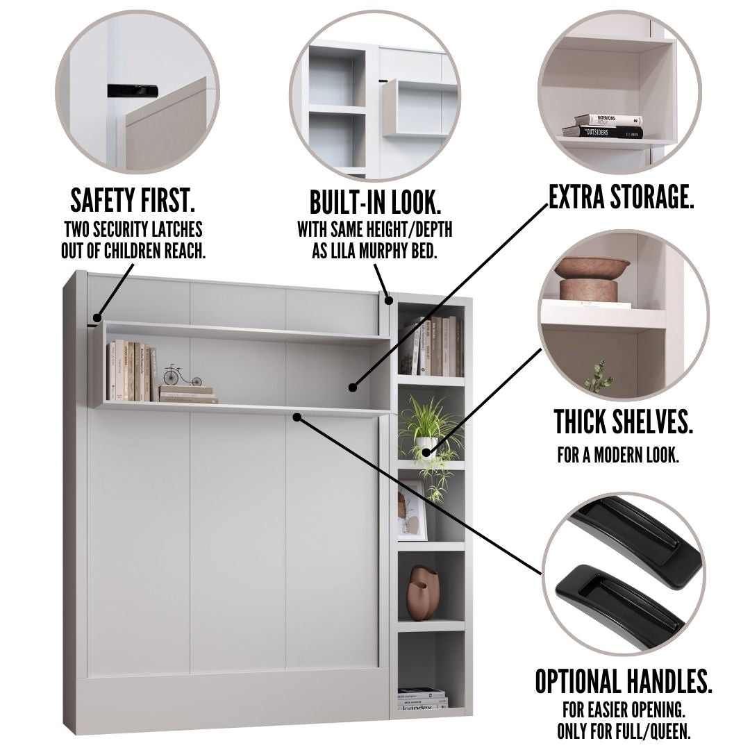 Easy-Lift Full Murphy Wall Bed in White with Bookshelf