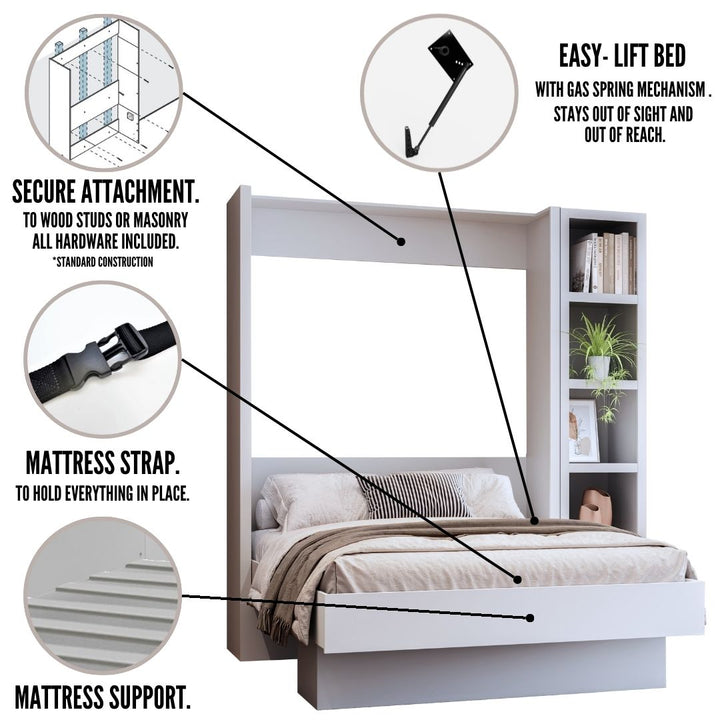 Easy-Lift Full Murphy Wall Bed in White with Bookshelf