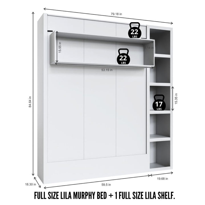 Easy-Lift Full Murphy Wall Bed in White with Bookshelf