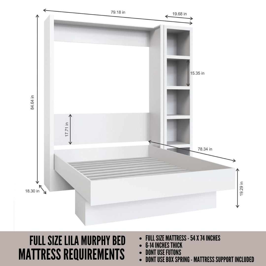 Easy-Lift Full Murphy Wall Bed in White with Bookshelf