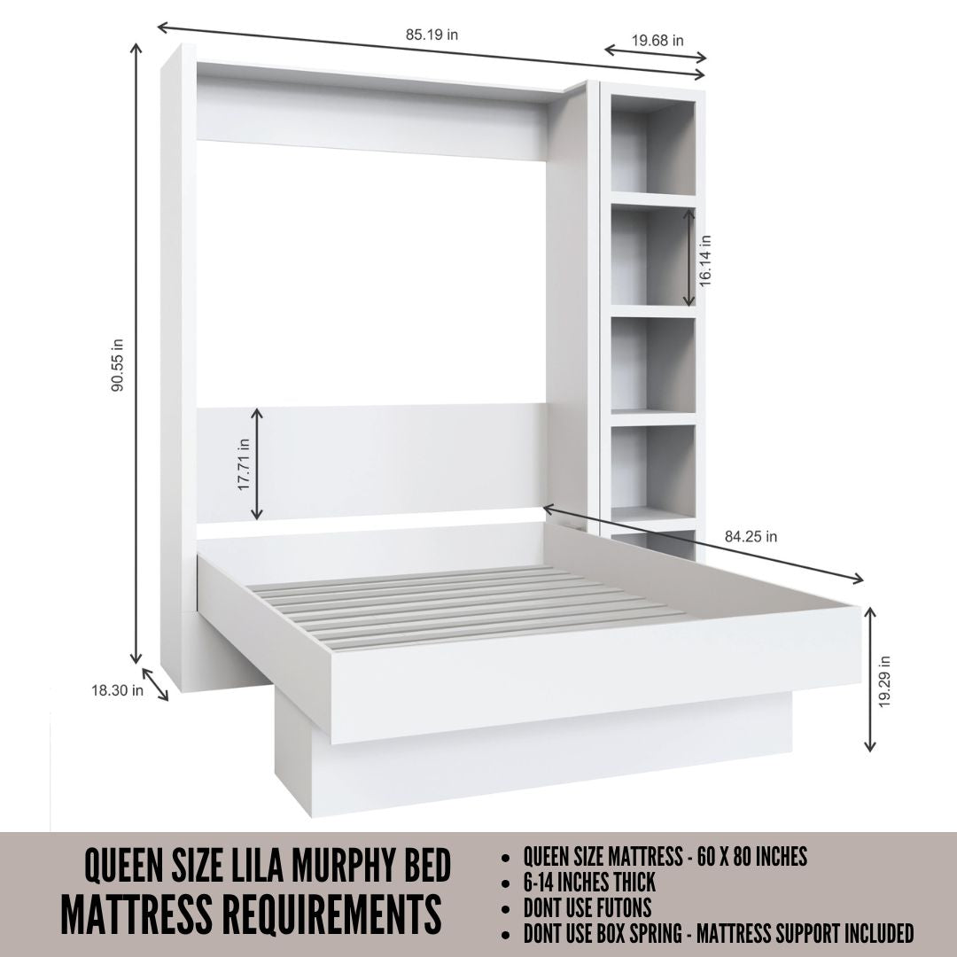 Easy-Lift Queen Murphy Wall Bed in Grey with Bookshelf