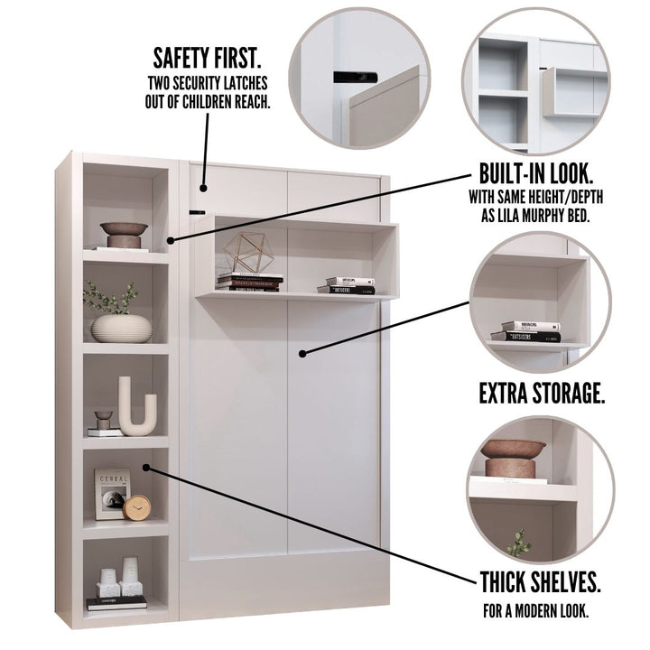 Easy-Lift Twin Murphy Wall Bed in White with Bookshelf