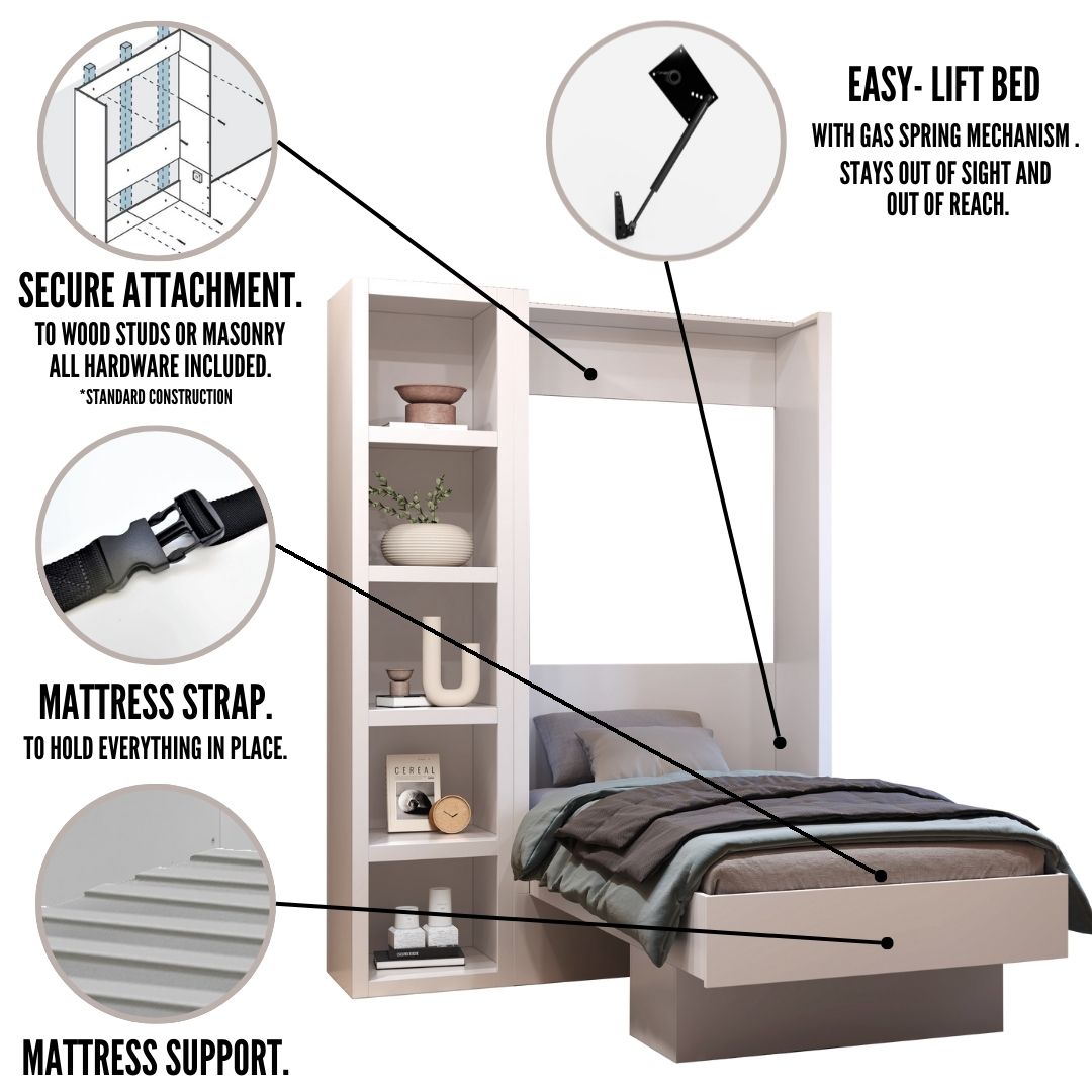Easy-Lift Twin Murphy Wall Bed in Dark Grey with Bookshelf