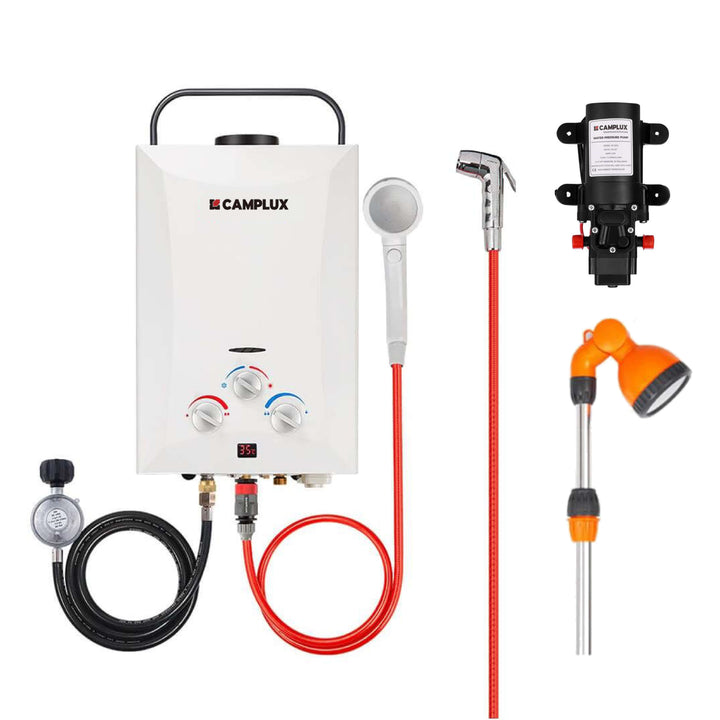 Camplux 8L Portable Gas Hot Water Heater w/ 4.3L Pump & Sink Sprayer & Shower Stand