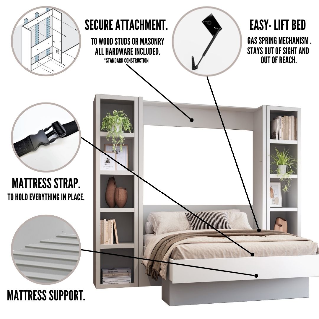 Easy-Lift Full Murphy Wall Bed in Natural Brown Wood Grain with Two Bookshelves