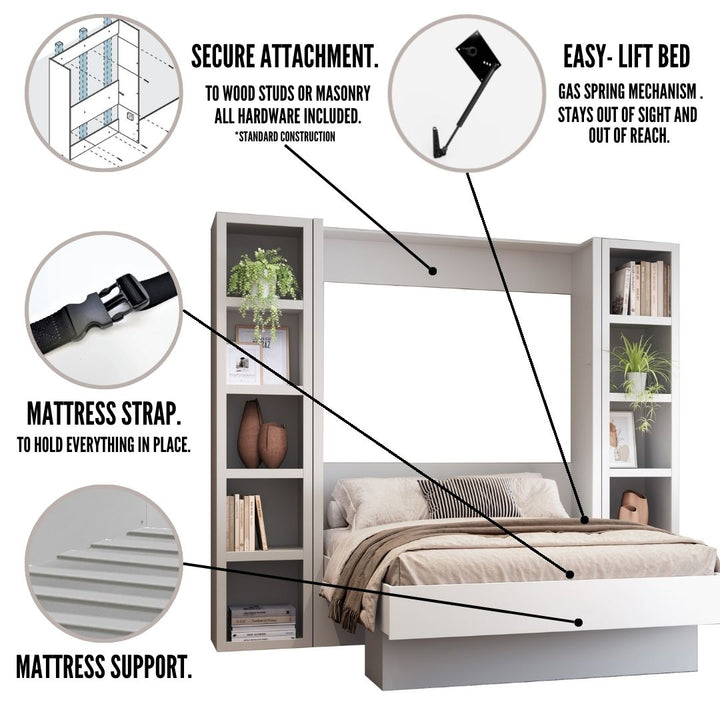 Easy-Lift Full Murphy Wall Bed in Natural Brown Wood Grain with Two Bookshelves
