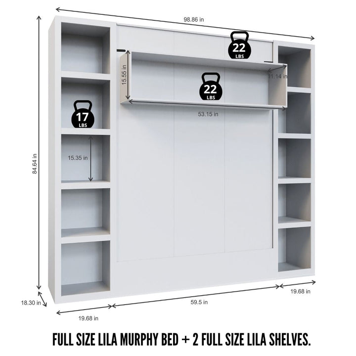 Easy-Lift Full Murphy Wall Bed in White with Two Bookshelves