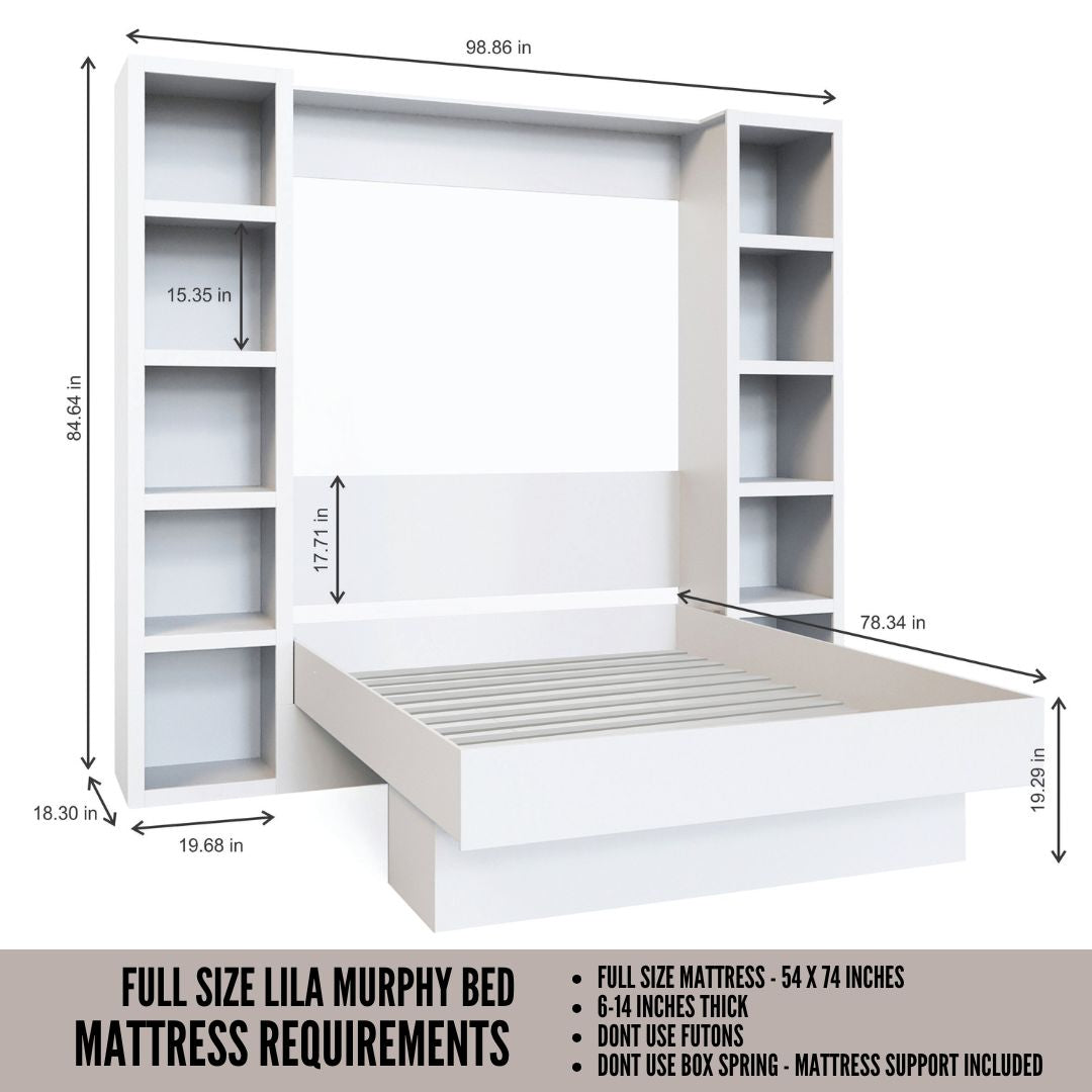 Easy-Lift Full Murphy Wall Bed in White with Two Bookshelves