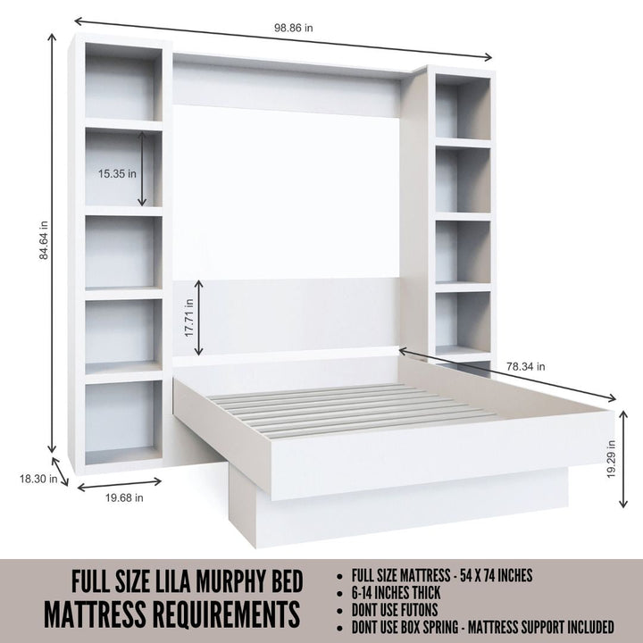 Easy-Lift Full Murphy Wall Bed in White with Two Bookshelves