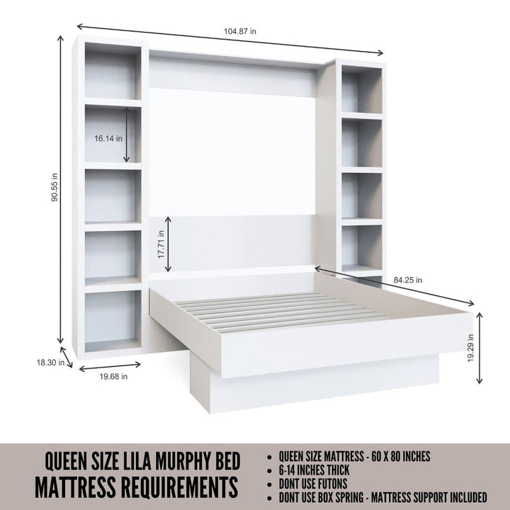 Easy-Lift Queen Murphy Wall Bed in Grey with Two Bookshelves