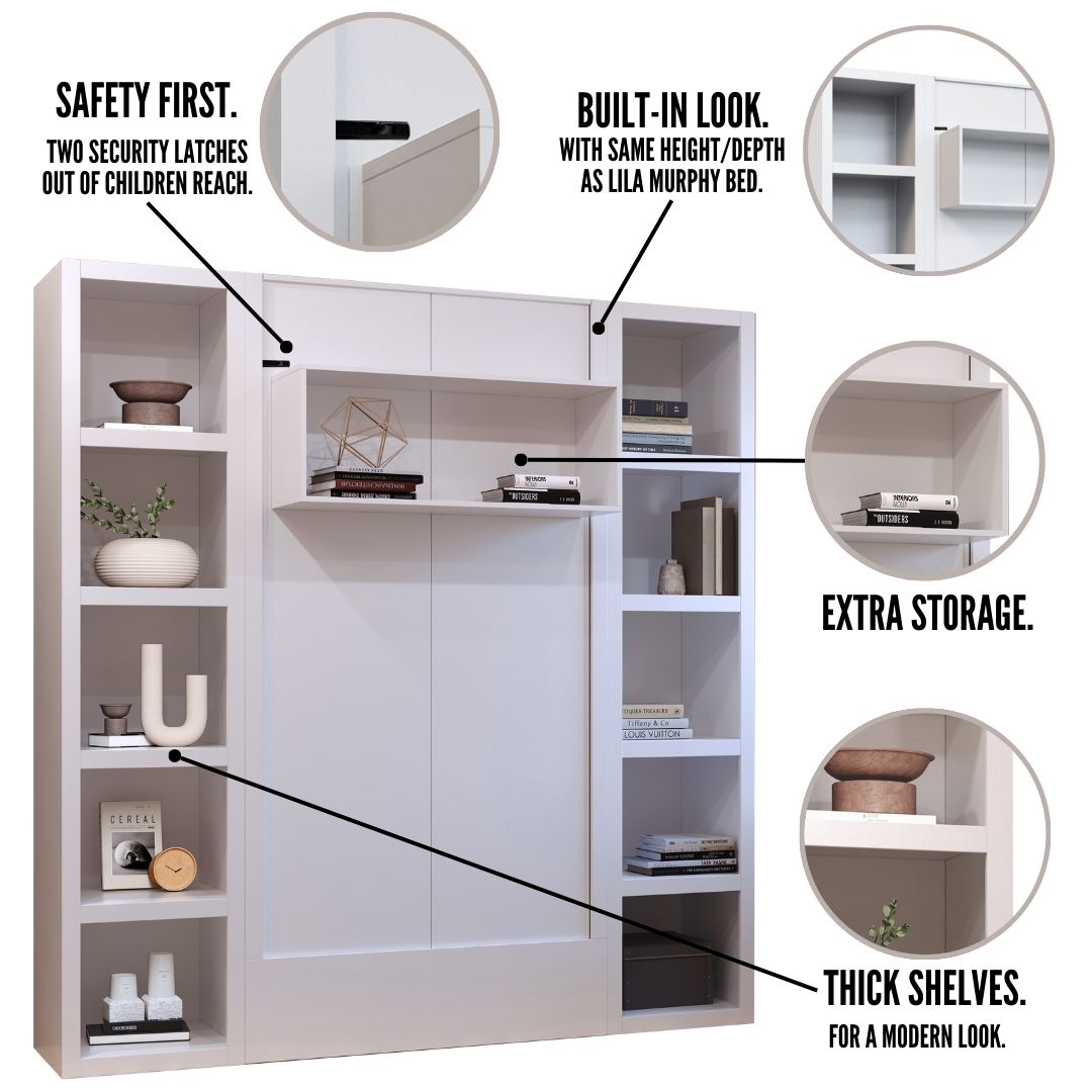 Easy-Lift Full Murphy Wall Bed in Grey with Two Bookshelves