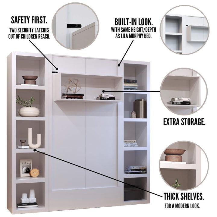 Easy-Lift Full Murphy Wall Bed in Grey with Two Bookshelves