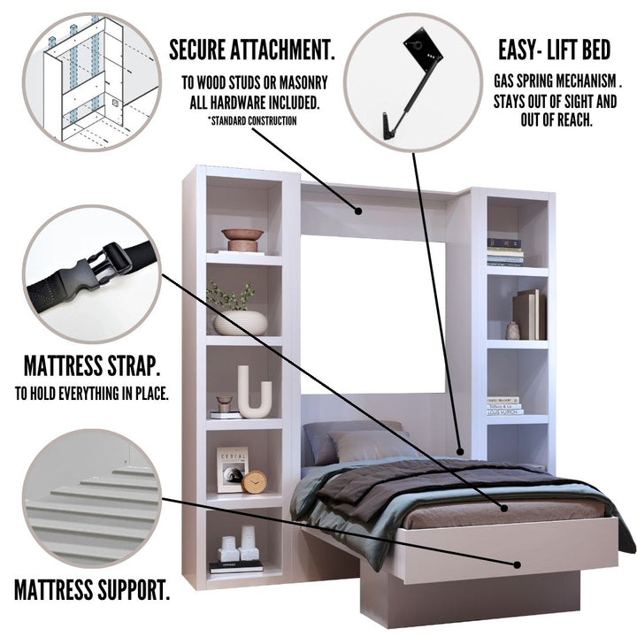 Easy-Lift Twin Murphy Wall Bed in Dark Grey with Two Bookshelves