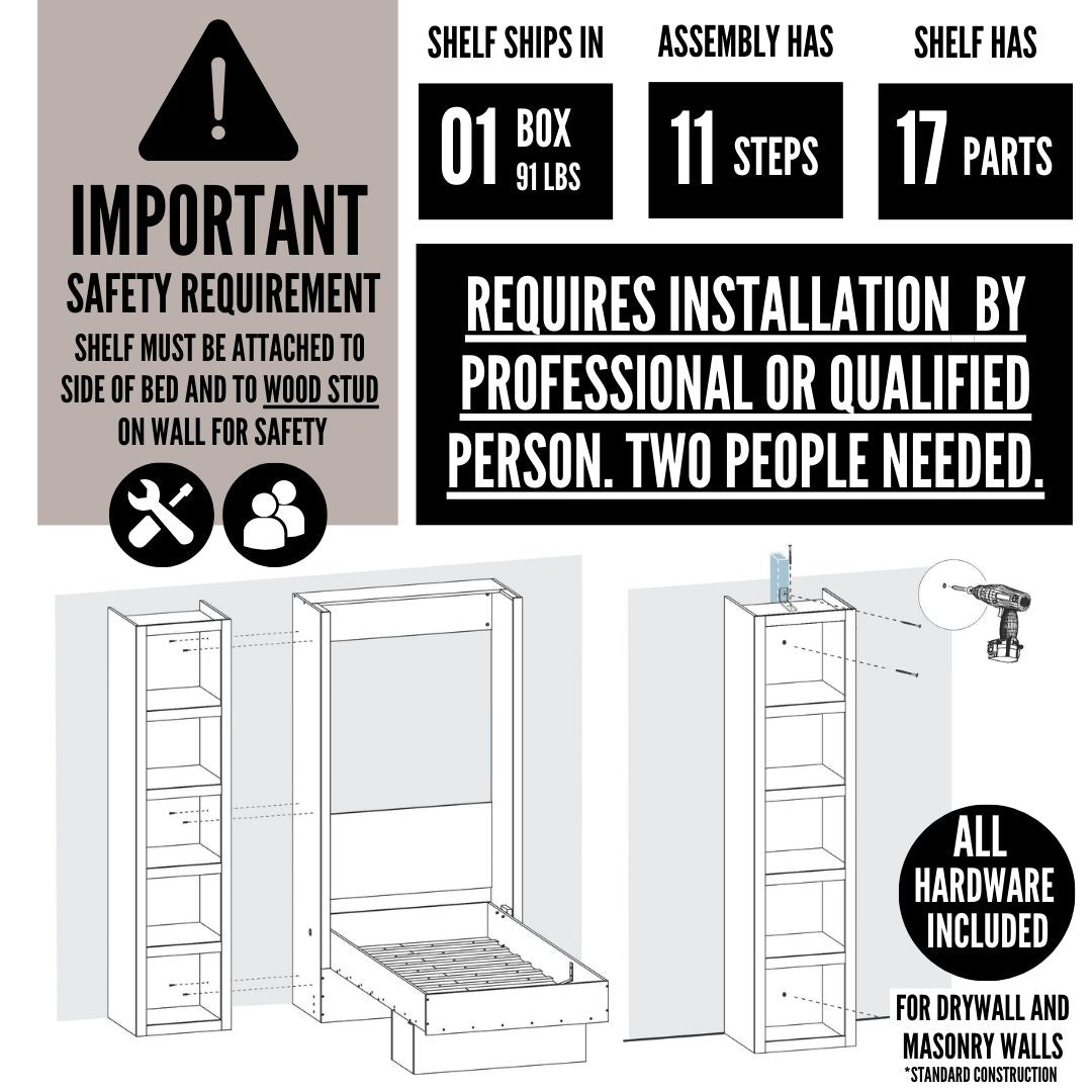 Easy-Lift Full Murphy Wall Bed in Grey with Two Bookshelves