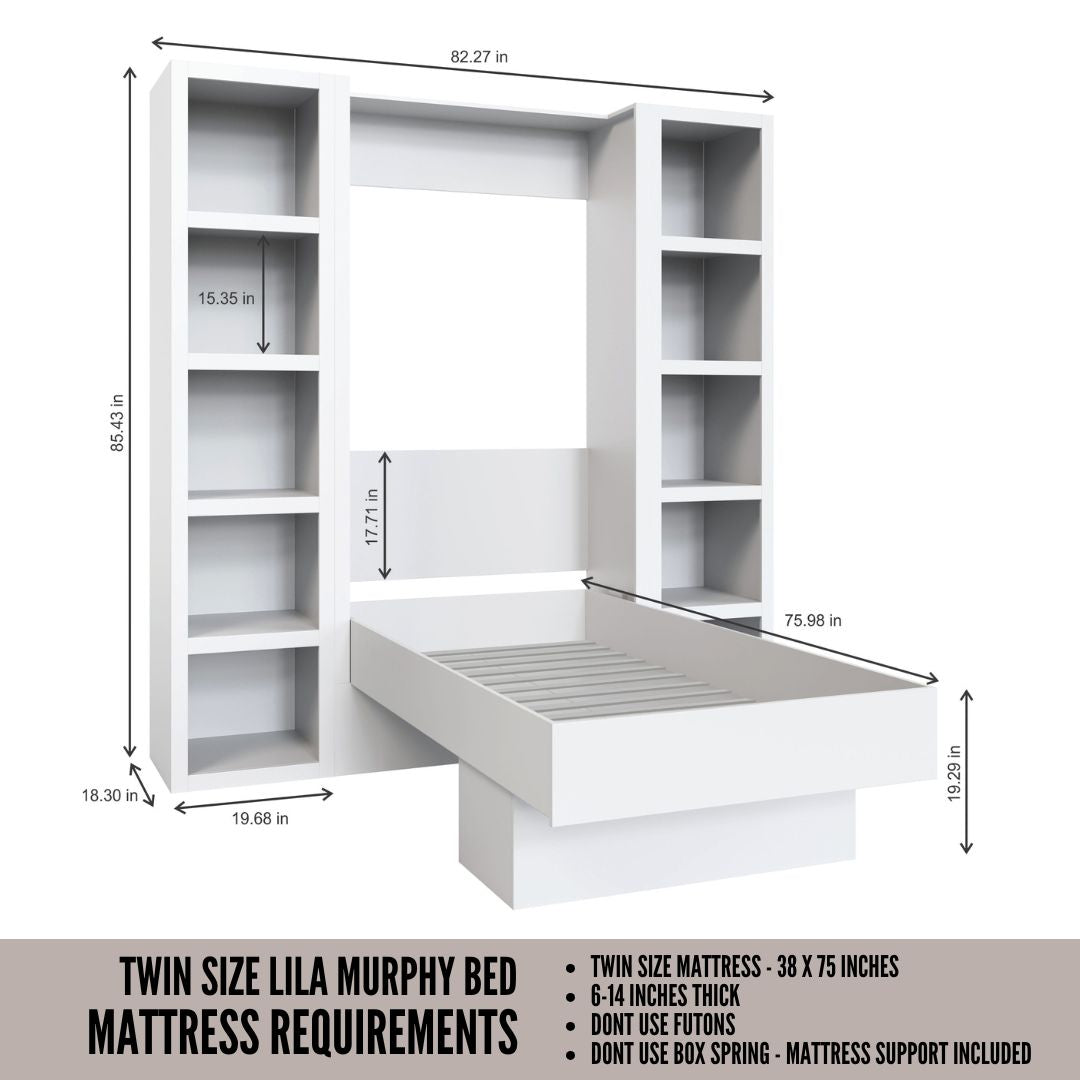 Easy-Lift Twin Murphy Wall Bed in Black with Two Bookshelves