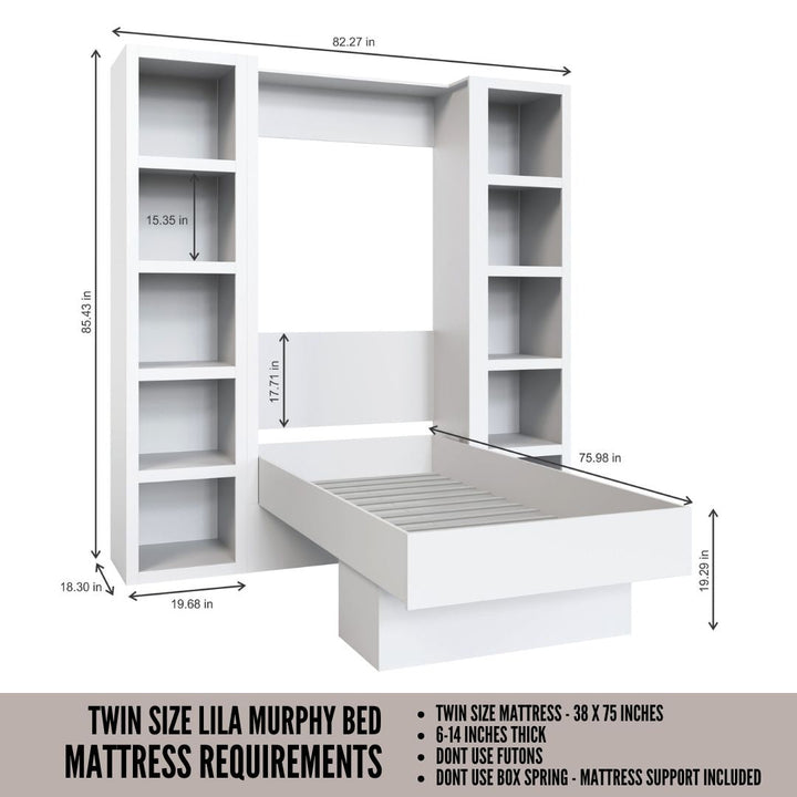 Easy-Lift Twin Murphy Wall Bed in Black with Two Bookshelves